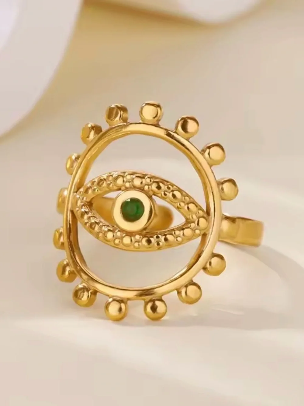 18k Yellow Gold Plated Evil Eye Ring with Green Emerald Stone (Adjustable)